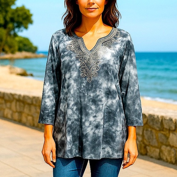 Company One Tie Dye Women Cotton Top 3/4 Sleeve Embroidery V Neck Blue Plus 2X - Picture 16 of 16